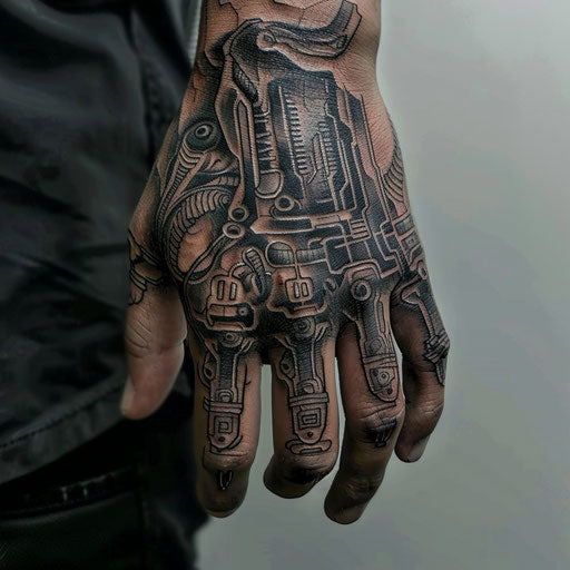 Hand tattoo for men with cybernetic and futuristic elements