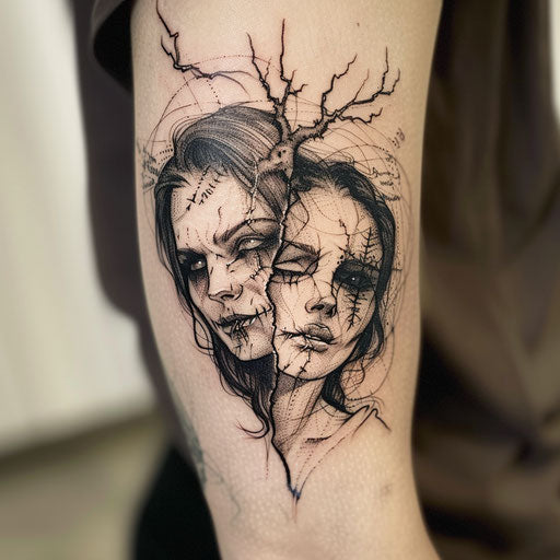 Eerie demonic couple tattoo reflecting challenges overcome