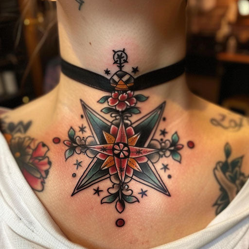 Neck tattoos for women in the style of Sailor Jerry featuring a nautical star