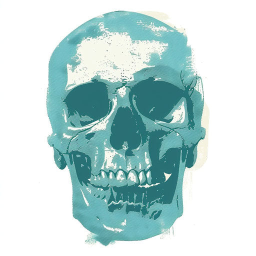 Simple skeleton skull on white background, dark teal and sky-blue style, gender-bending iconography