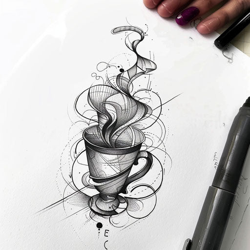 Sleek flat tattoo sketch of a coffee mug with steam forming abstract shapes
