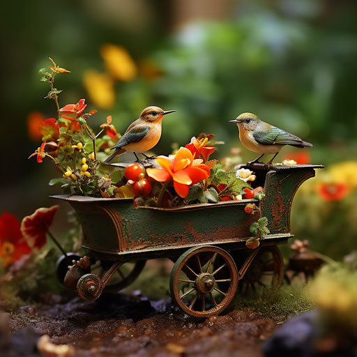 Miniature garden cart with bird sculpture