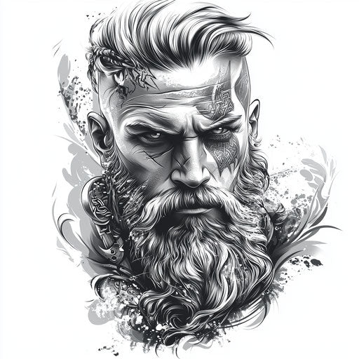 Black and white Viking warrior sleeve tattoo