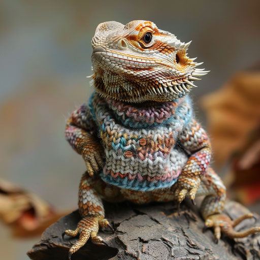 Whimsical depiction of a bearded dragon in a tiny hand-knitted sweater