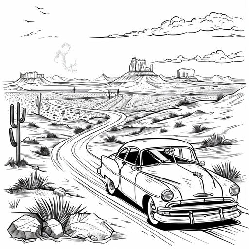 Desert road with vintage car, coloring book page