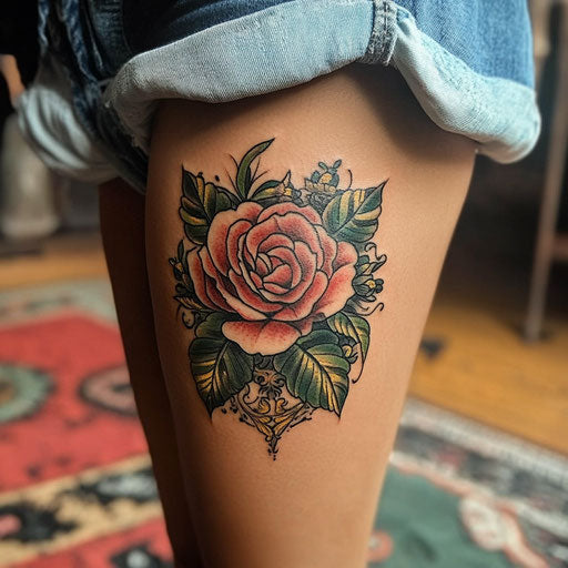 Rose tattoos for women with traditional American design in the Ed Hardy style