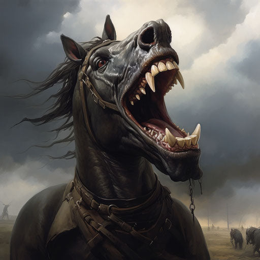 Smiling horse in dark humorous style made of cheese