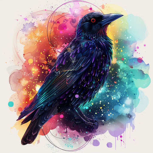 Flat tattoo sketch of a blackbird with cosmic background