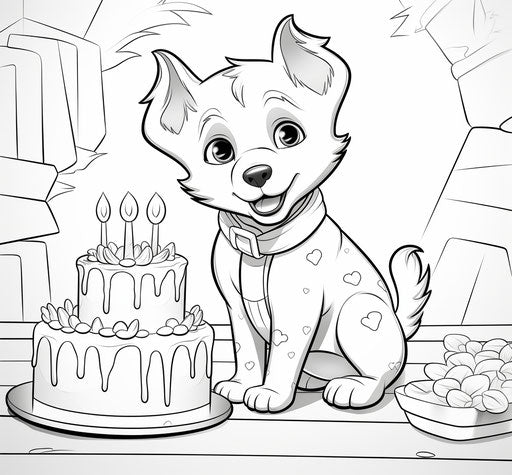 Happy birthday coloring pages for kids, RTX style, fairytale illustration, caninecore, polka dots, sculpted, composed, handsome 29:27