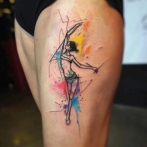 Dynamic flat tattoo sketch of a balancing dancer with bright primary color splashes