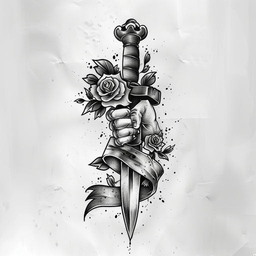 Old school tattoo of a pirate's hook hand with roses and a scroll
