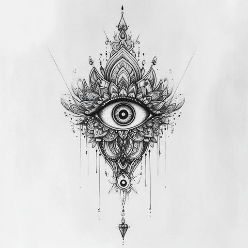 Beautiful flat tattoo sketch with mystical eye motif on neck