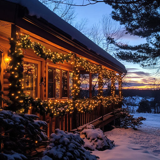Winter cabin with garland and warm lights