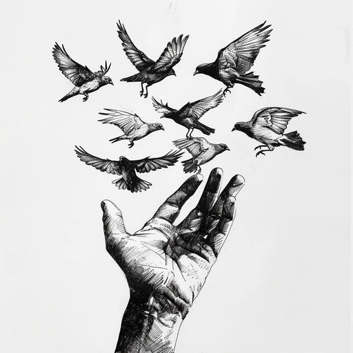 Minimalist black and white tattoo sketch of open hands releasing birds, freedom concept
