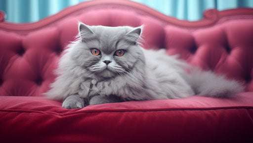 Grey Persian cat on a couch next to a red pillow, in the style of light purple and light azure, smooth and shiny 37:21