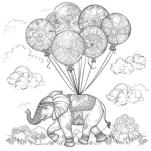 Elephant floating with balloons. Coloring book page