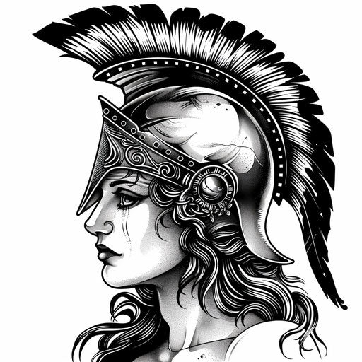 Monochrome illustration of Athena, goddess of wisdom, stunning Greek tattoo design on white background