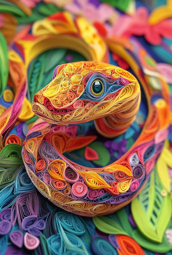3D quilling paper snake art, vibrant colors colorful background