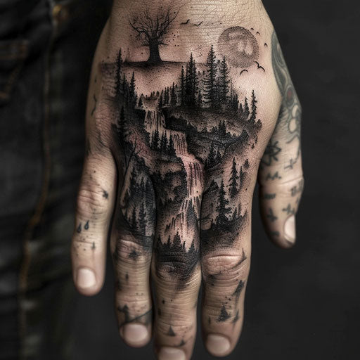 Finger tattoo depicting dark, surreal landscapes