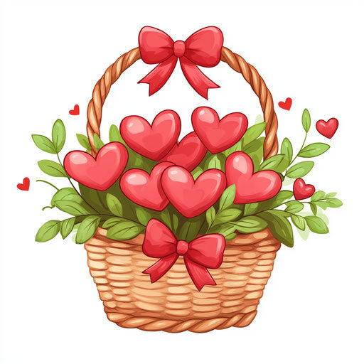 Valentine's Day basket of hearts with greenery and ribbon