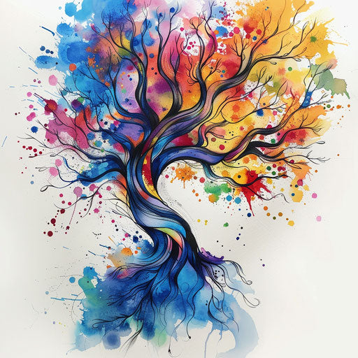Abstract tree of life tattoo illustration, surreal shapes vibrant colors
