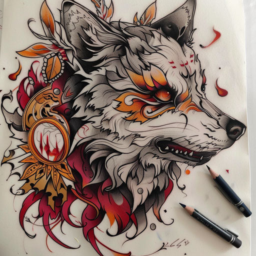 Neo-traditional tattoo sketch of a wolf with rich colors and intricate details