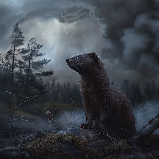 A wild mink standing alert at forest edge, stormy sky