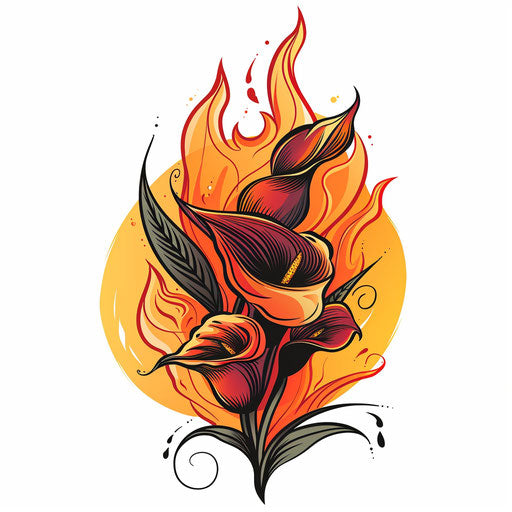 Tattoo sketch of a calla lily in flat clipart style with a fiery flame motif in red and orange