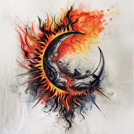 Dynamic tattoo sketch of a sun and crescent, intense colors, dramatic design