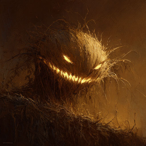 A fearsome glowing jack-o'-lantern in dim light