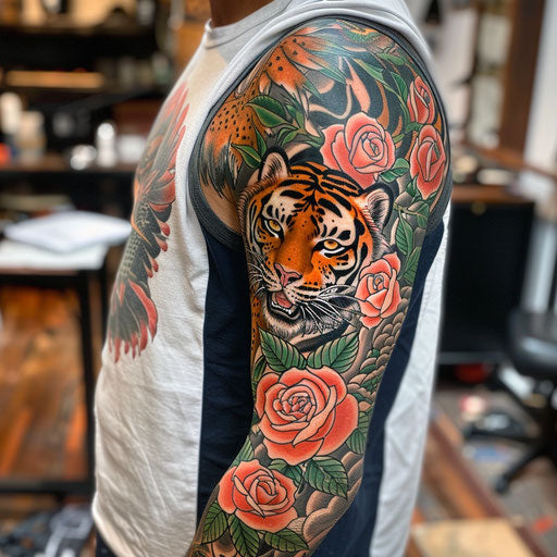 Half sleeve tattoo for men in Ed Hardy style with classic tiger and roses