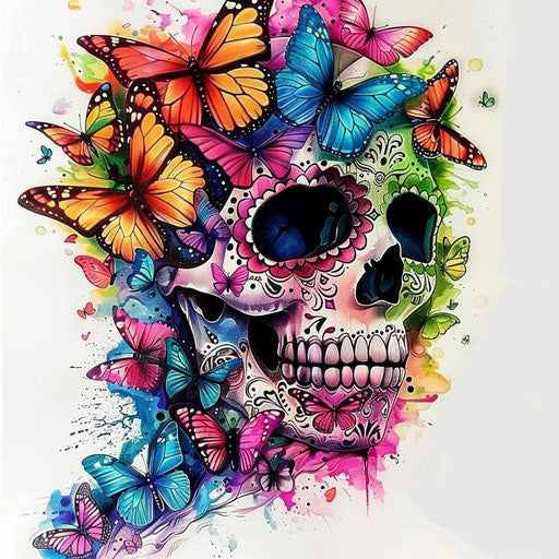 Sugar skull with spectrum of butterflies around eye sockets
