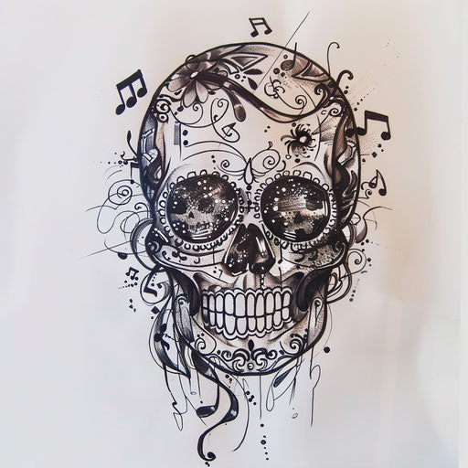 Sugar skull with musical notes and instruments on white background