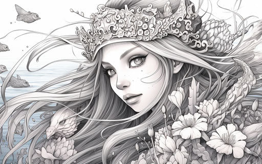 Mermaid with wings and seaweed coloring page