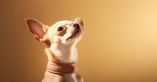 Tiny chihuahua dog gazing up in light gold and beige