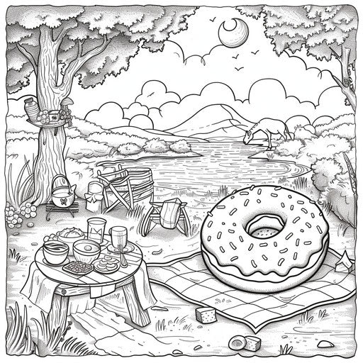 A joyful donut enjoying a sunny day with a picnic setting