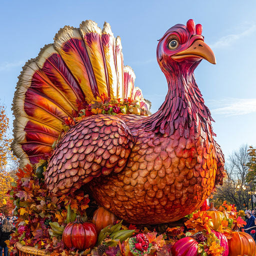 Thanksgiving parade float with giant turkey surrounded by vibrant autumn leaves and cornucopias, bright orange and red hues, family-friendly, clear skies