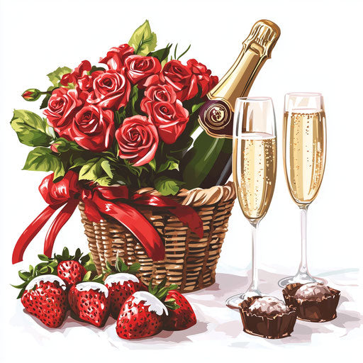 Romantic gift with champagne and roses