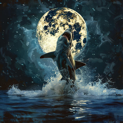 Bull shark leaping out of the water under a full moon