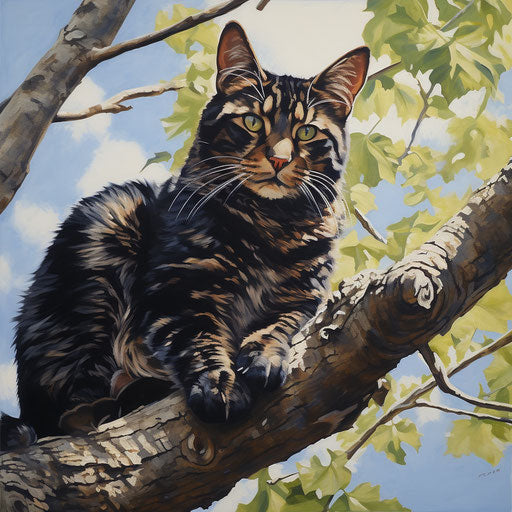 Manx cat laying on a tree branch