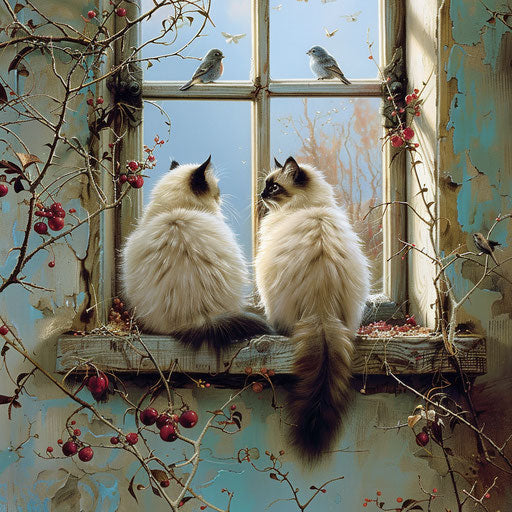 Two Himalayan cats watching birds from a window sill