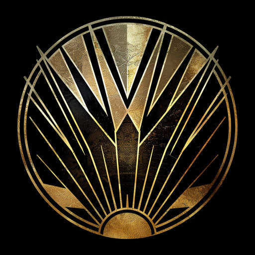 Art deco round logo with angular designs on black and gold background
