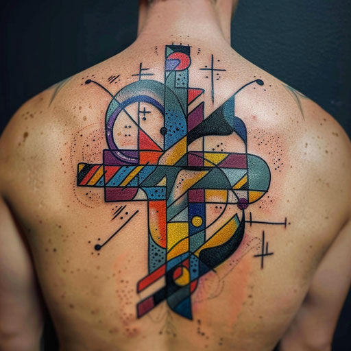Abstract and colorful cross tattoo with geometric patterns for men