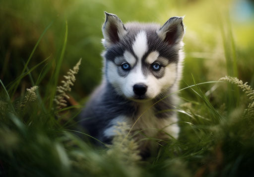 Small Siberian husky puppy in grass, in dark navy and light blue style, made of all the above