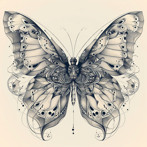 Enchanting geometric tattoo pattern of a butterfly with kaleidoscopic wings, detailed intricately on white