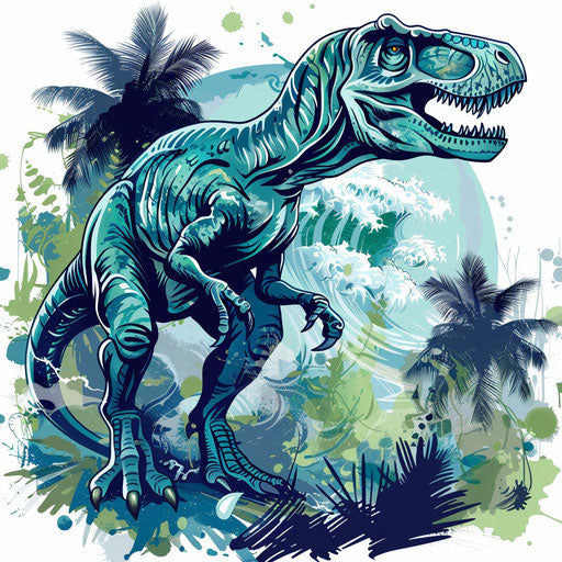 Exotic flat tattoo sketch of a T rex in a tropical storm