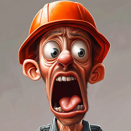 Humorous caricature of a hard hat with human characteristics