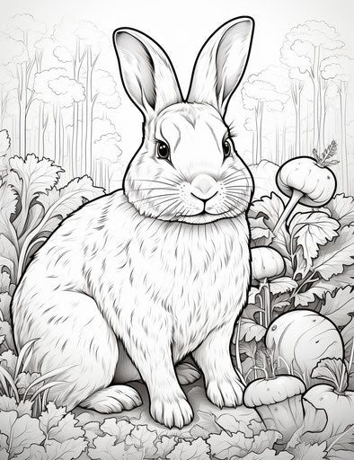 Coloring page of a rabbit with a carrot in a forest