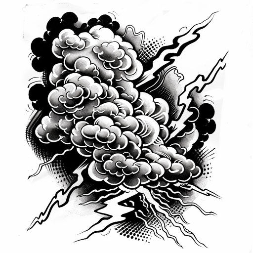 Intricate cloud tattoo design with lightning in bold lines