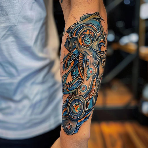 Forearm tattoo with a biomechanical design
